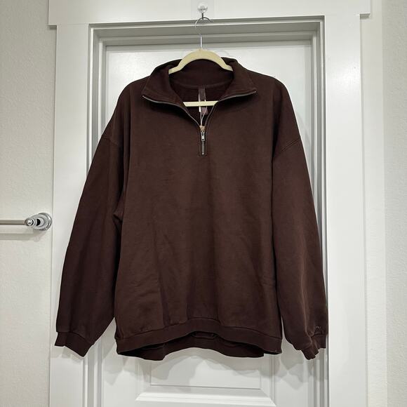 NWT SKIMS BOYFRIEND FLEECE HALF ZIP PULLOVER IN ESPRESSO SIZE SMALL - Picture 4 of 7